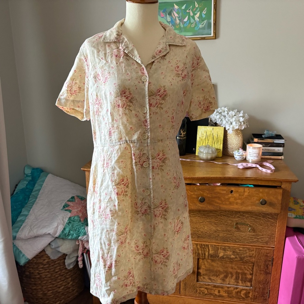 Vintage Eddie Bauer Linen Floral Button-Up Dress 6p